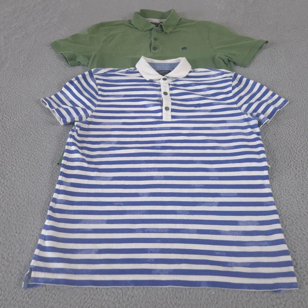 LOT OF 2 Banana Republic Polo Shirt Mens L Striped Solid Cotton Pique Stretch